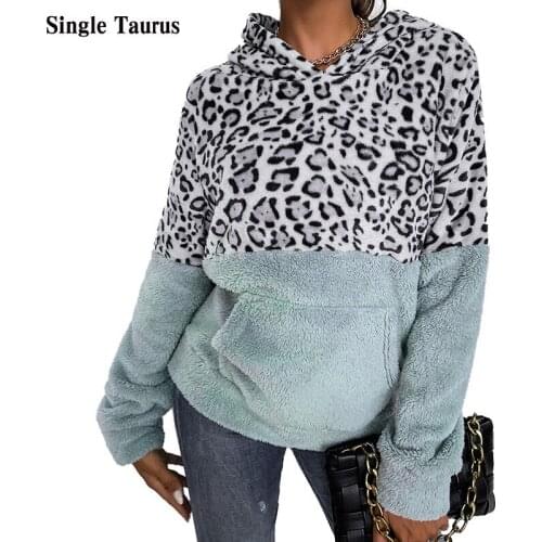 Leopard Stitching Pullovers Fall Winter Long Sleeve Sweaters with Hooded Fleece Keep Warm Outdoor Casual Jumpers Sueter Mujer