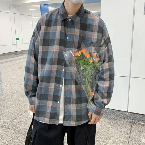 2021 Mens Lattice Printing Fashion Trend Shirts Loose Lapel Collar Shirts Pocket Decoration Camisa Masculina Clothes M-2XL