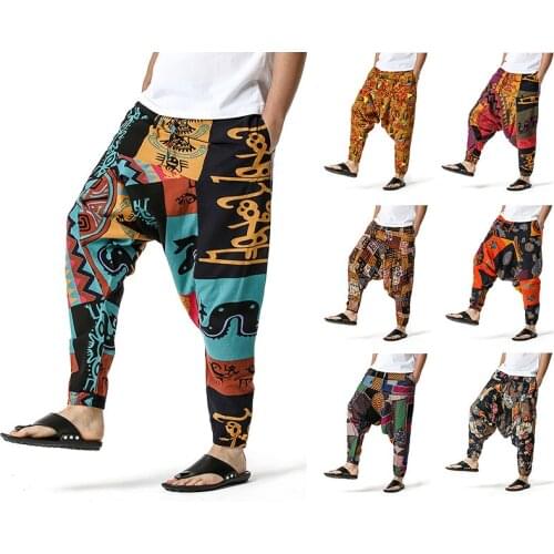 Baggy Cotton Harem Pants Men Hip hop streetwear oversized pants Mens wide leg pants fashion pattern printing trousers