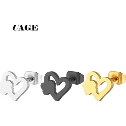 UAGE Silver Color Gold Black Stainless Steel Heart Flower Stud Earrings for Women Girls Minimalist Jewelry Accessories Gifts