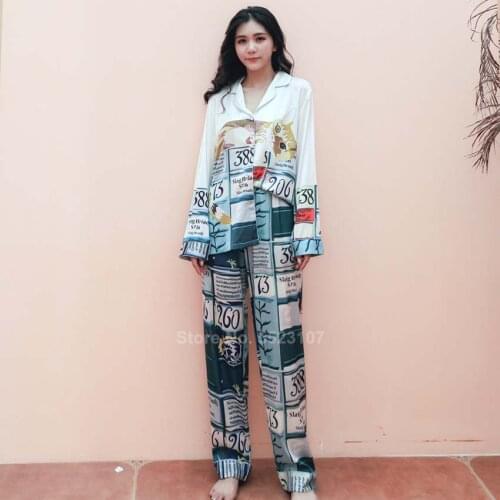 Spring Autumn Women Pajamas Set Cartoon Silk Lounge Full Sleeve Top Trousers Suit Cute Korean Version Pyjamas Sleepwear