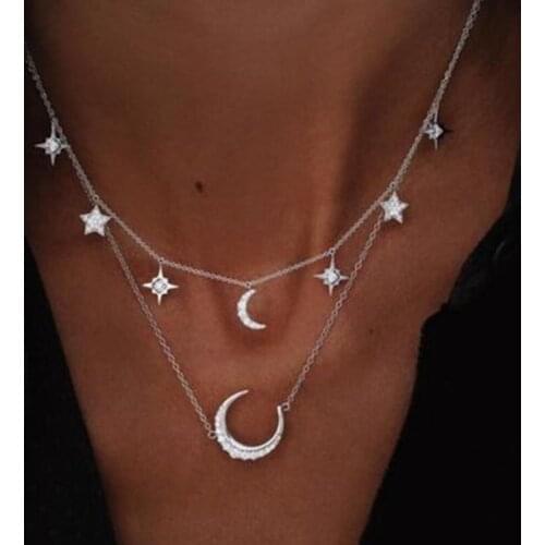 Vintage Gold Color Star Moon Tassel Necklace & Pendant Fashion Double Layer Chain Chokers Necklace for Women Bohemian Jewelry