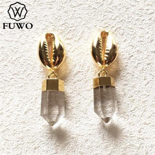 FUWO Trendy Women Natural White Crytstal Quartz Point Earrings With Gold Brass Cowrie For Women Gifts Jewelry Wholesale ER049