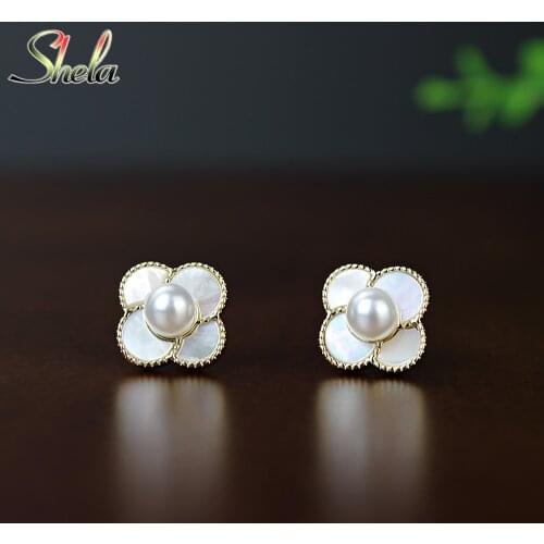 Four Leaf Flower Earrings For Women Natural Shell Pearl Cute Trendy Korean Fashion Jewelry Acessories S925 Pin High Quality