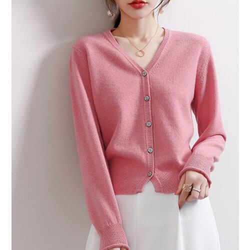 100% Pure Wool Knitted Cardigan Womens 2021 Spring Autumn New V-Neck Loose Soft Solid Color Basic Casual All-Match Simple Top