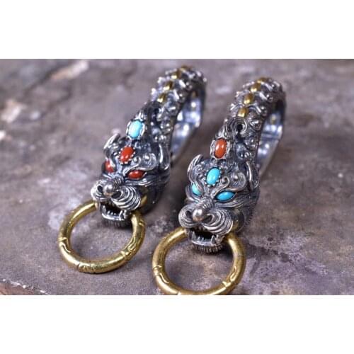 100% Real 925 Sterling Silver VINTAGE biker Retro dragon keyring key ring keychain chain clasp wholesale jewelry Gift A5259