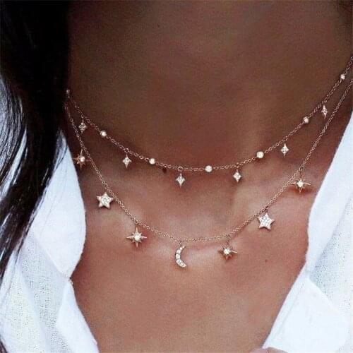 2020 Women Multilayer Irregular Choker Necklace For Women Accessories Jewelry Bohemian Crystal Rhinestones Star Moon Necklace