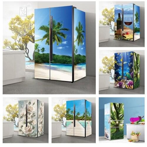 Beach Scenery 3D Refrigerator Sticker Kitchen Waterproof Fridge Cover Door Decals DIY PVC Self-Adhesive Home Decor Wall Stickers