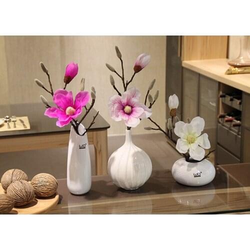 White Modern Tabletop Vase Artificial Magnolia flower Potted set Ceramic vase Small bonsai Artificial Flowers Home Decoration