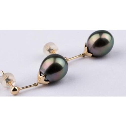 Free Shipping Luminous 9.5*11.5mm Green Genuine Tahitian Pearl Drop Earrings 14K Yellow Gold