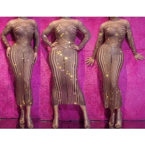 Shining Rhinestones Print Transparent Bodycon Dress Birthday Dress Evening Prom Party Outfit Bar Nightclub Outfit Stage Wear