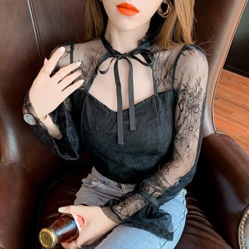 Korean Sexy Perspective Women Shirts Lace Patchwork Crop Tops Rufflles Stand Lace-Up Mesh Blouse Women Flare Long Sleeve Blouses