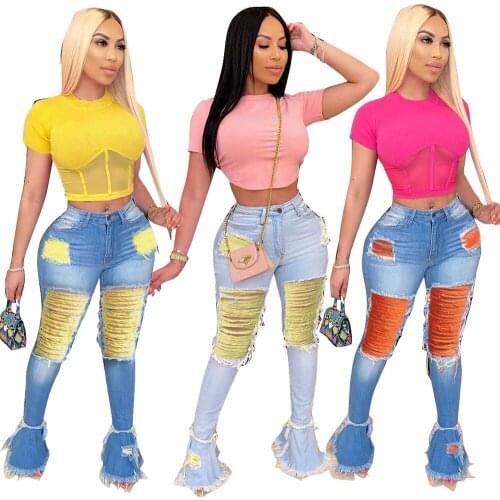 European And American Womens Clothing 2020 New Womens Washed Frayed Holes Fringed Jeans Flared Pants Fashion Casual Pants