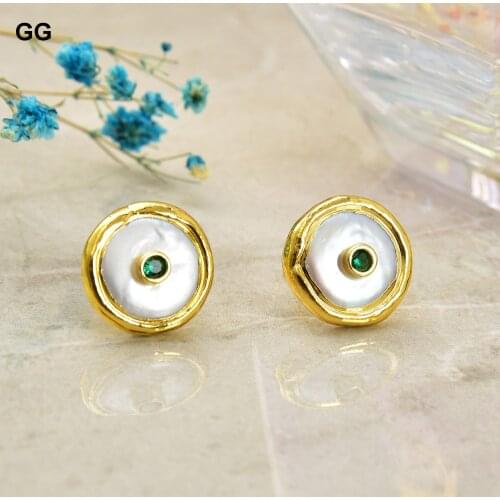 GuaiGuai Jewelry 16mm Freshwater White Coin Pearl 24 K Gold Color Plated Stud Green Cz Earrings