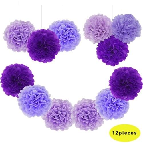 HAOCHU 12pcs/set 10inch Lavender/Purple Tissue Paper Pom Poms Balls For Baby Birthday Wedding Party Decoration Crafts Flowers
