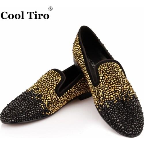 COOL TIRO Grid pattern Rhinestones Loafers Men SmokingSlippers Moccasins Mens Dress Shoes Flats Genuine Leather Casual shoes