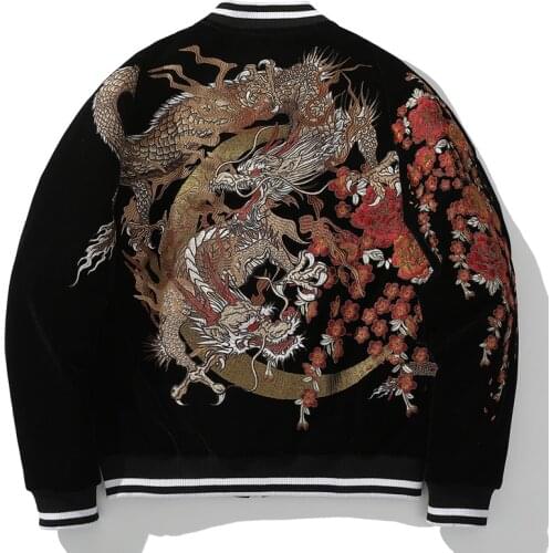 2021 new Chinese style autumn and winter embroidery dragon mens thick coat Japanese Yokosuka high street hip-hop trend jacket