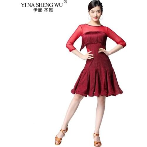 New Women Latin Dance Clothes Salsa Samba Dance Performance Costumes Half Sleeves Mesh Tassels One-piece Latin Dress Black Red