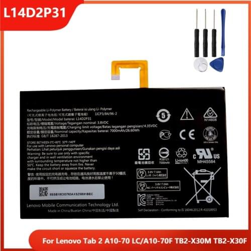 Original Tablet Battery L14D2P31 For Lenovo Tab 2 A10-70 LC/A10-70F TB2-X30M TB2-X30F Replacement Rechargable Batteries 7000mAh