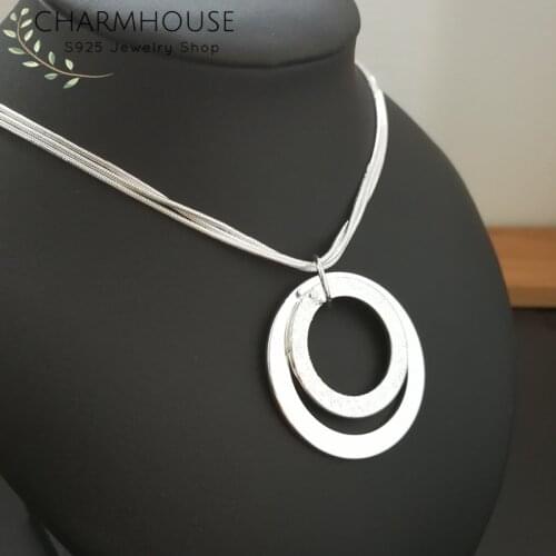 925 Silver Necklaces For Women Double Round O Circle Pendant Necklace Collier Femme Wedding Bridal Jewelry Accessories Bijoux