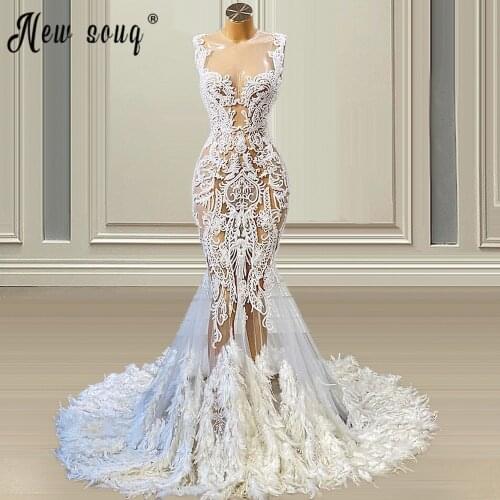Sexy Luxury Illusion Backless Lace Mermaid Wedding Dresses with Feathers 2021 Elegant Bridal Gown vestidos de noiva de fiesta