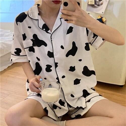 Pijamas Women Pyjamas Cute Cow Print Pajamas Casual Comfortable Homewear Two-Piece Sleepwear Female Summer Set Women