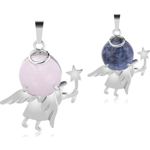 2Pcs/Pack Angel Shape Necklace Pendant Natural Semi-precious Stone Fariy Pendant 19 Colors For Choice Crystal Agate DIY Pendant
