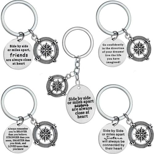 Side By Side Or Miles Apart Sisters Are Always Close At Heart Keyring Compass Stainless Steel Pendant Keychain Friends BFF Gifts