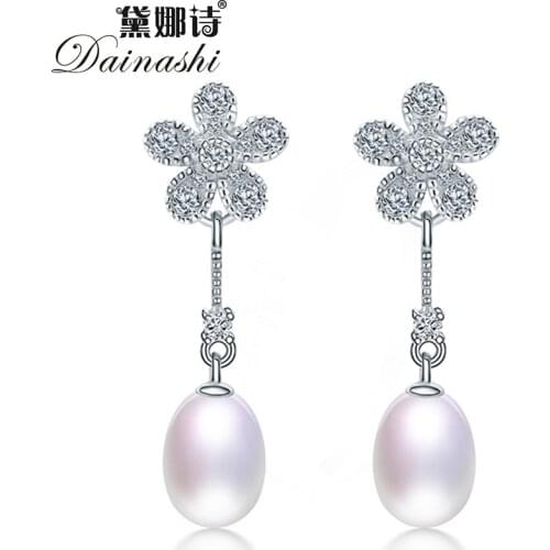 Dainashi Fashion 925 Sterling Silver Zircon Flower Drop Earrings 100% Genuine Natural Freshwater Oval Pearl Earrings for Women