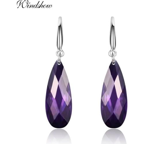 Real 925 Sterling Silver Purple CZ Stone Long Teardrop Dangle Hook Earrings For Women Girls Jewelry Aros brinco de festa Aretes