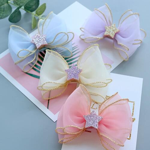 Crystal Chiffon Hair Bows Gold Glitter Hair Clips Star Girls Hairpins Sweet Princess Party Hair Accessories Headwear