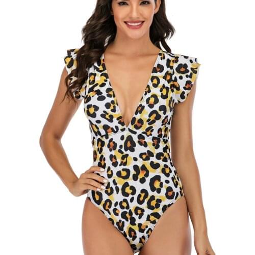 Leopard Print Swimsuit One-Piece Swimwear Women Ruffle Strappy Bathing Suit V-neck Maillot De Bain Femme Une 1 Plus Size S- XXL