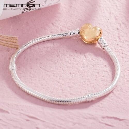 925 Sterling Silver Bracelet with Golden Color Heart Clasp Fashion DIY Charms Bracelets for Women Shining Snake Chain Bracelets