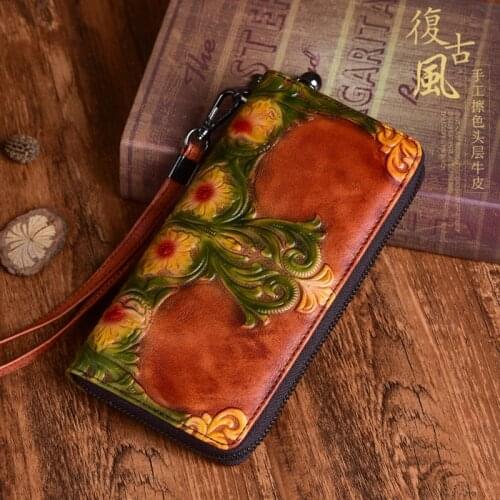 Women Genuine Embossed Leather Long Wallet Purse Handy Bag Retro Pattern Multi-Cards Zipper Flowers Female Wrist Clutch Bags