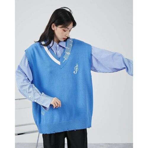 Women Sleeveless Pullover 2021 Autumn Korean Style Musical Note Embroidery Casual Oversized V Neck Ripped Knit Sweater Vest T711
