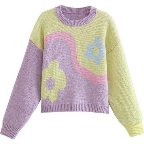 MESTTRAF Women 2021 Fashion Floral Jacquard Splicing Knitted Sweater Vintage Long Sleeve Loose Pullovers Streetwear