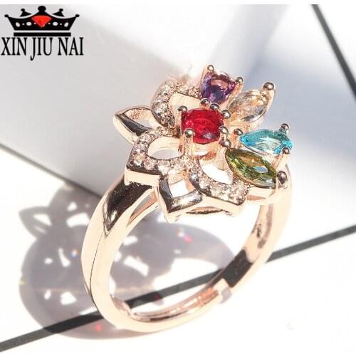 2020 New 18K Rose Gold Dazzling Elegant Lucky Angel Kiss Colorful Flower Petal High Quality Female Diamond Ring Women Jewelry