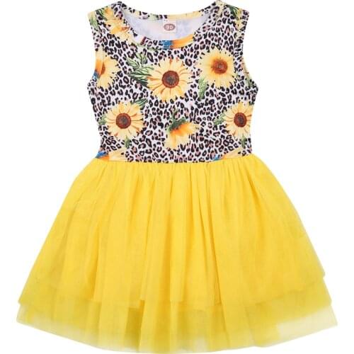 Girl’S Summer Sleeveless Dress Fashion Leopard Sunflower Mesh Yarn Stitching A-Line Princess Dress European And American Yellow