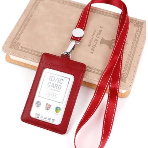 1Pc Badge Holder PU Leather ID Card Holder Wallet with Neck Lanyard 2-Sided Pocket Hot