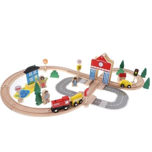 50pcs Deluxe Disassembly Wooden City Traffic Trains Railway Track Blocks Stacking Set Kids Educational Toy Role Play Activity