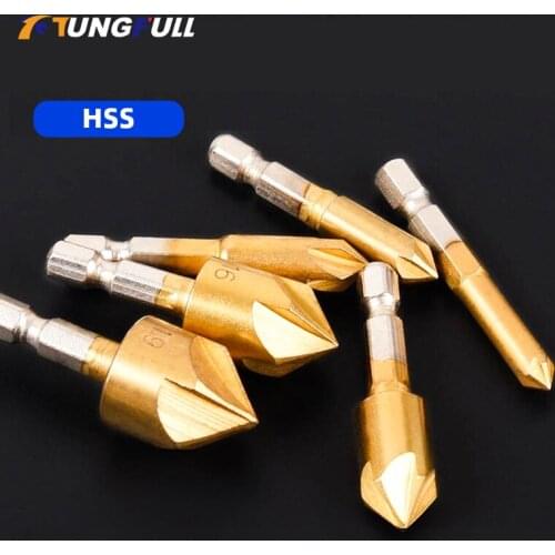6pcs Chamfer Countersink 1/4" Hex Shank HSS Drill bit Chamfering Cutter Titanium Coated For Wooden Planks Countersink Drill Bit