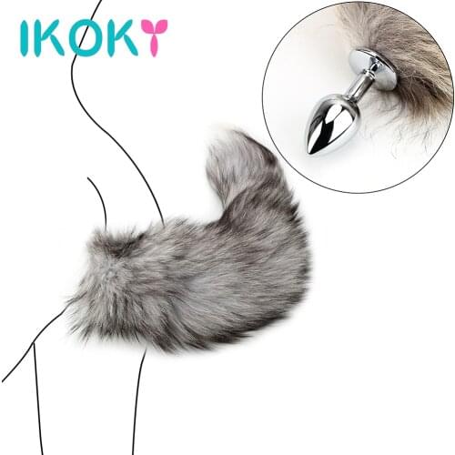 IKOKY Anal Plug Smooth Touch Anal Beads Adult Games Anus Dilator Fox Tail Metal Butt Plug Sex Toys For Women Man Gay