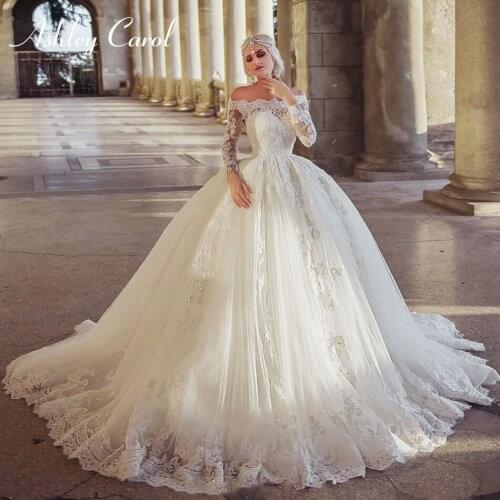 Ashley Carol Ball Gown Wedding Dress 2021 Long Sleeve Elegant Boat Neck Bride Dresses Beaded Appliques Cathedral Robe De Mariee