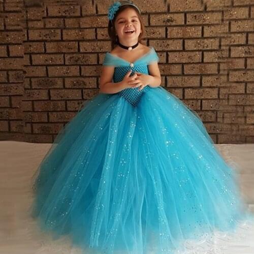 Glittery Girls Tutu Dress Elsa Belle Princess Dress Girls Party Dresses Pageant Gowns Baby Kids COS Beauty And The Beast Costume