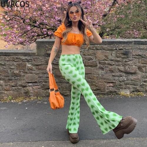 UVRCOS Cyber Y2k Pants Summer Heart Pattern Print High Waist Flare Pants 2021 Hot Streetwear Hipster Femme Casual Long Trousers