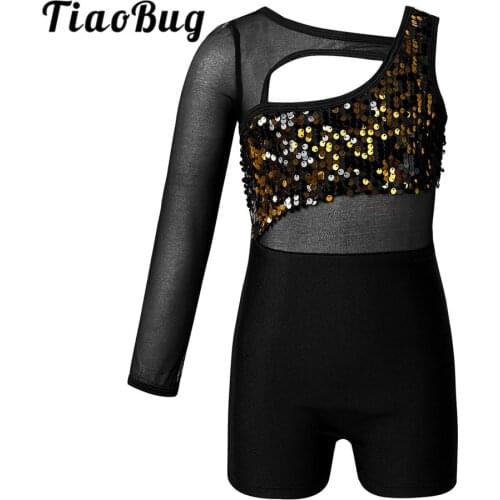 Kids Mesh One-shoulder Shiny Sequins Cutout Ballet Dancewear Girls Gymnastics Leotard Workout Unitards Stage Performance Costume