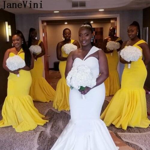 JaneVini Long White Bridesmaid Dress Yellow 2020 Elegant One-Shoulder Plus Size Zipper Back Adult Wedding Guest Party Dresses
