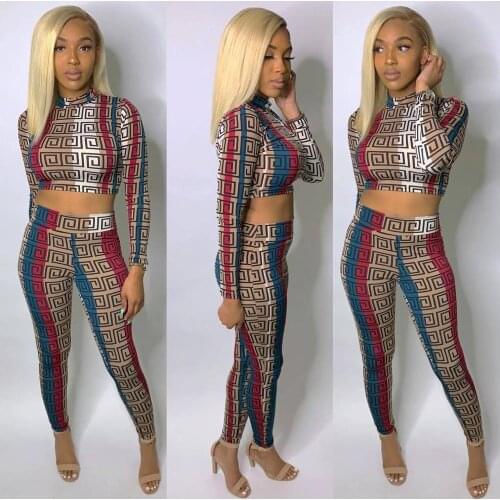 DPSDE 2020 fashion new women street casual style sets long sleeve high collar top elastic long pants printed two piece sets