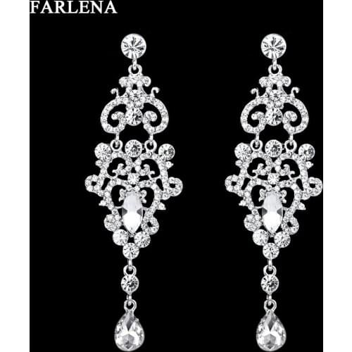 FARLENA Jewelry Silver Plated Hollow Out Drop Earrings full of Rhinestones long Crystal Earrings for Women Wedding Accessory