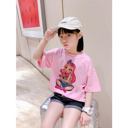 2021 24 -9 Years Enchantimals Girls T-Shirt Boys Short Sleeve Tee Top Kids Cartoon Printing Clothes Children Birthday Party Wear